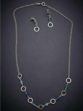 Silver, Blue and Teal Circle Link Necklace and Earring Set